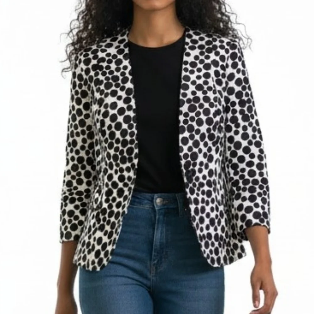 Kasper Peplum Blazer Women Size 6 White Black Polka Dot 1 Button 3/4 Sleeve Slit